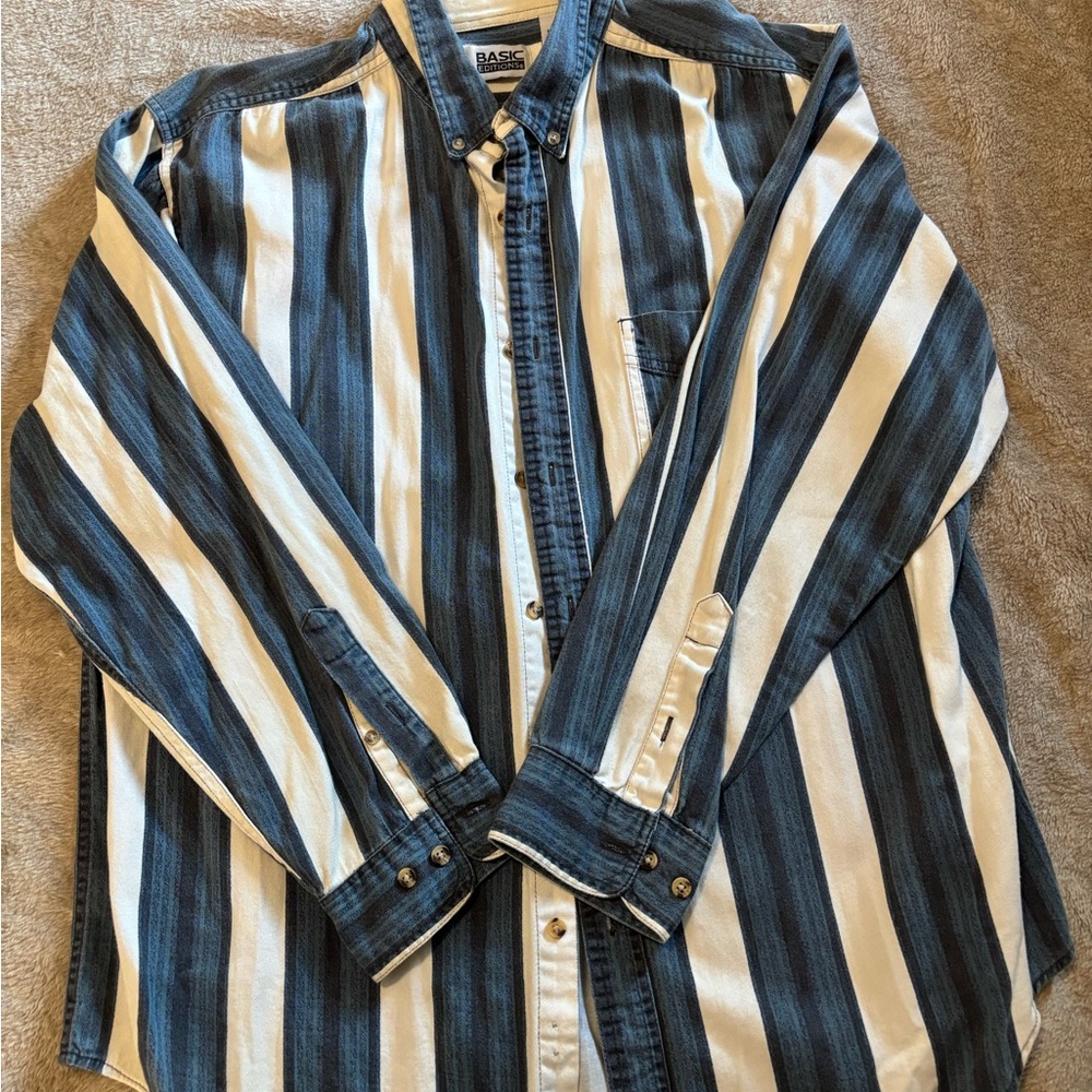 Basic Editions Blue and White Striped long sleeve dress shirt B12 XL